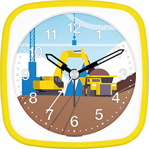 Eurotime Wecker Jungen Baustelle LKW Bagger, Kinderwecker, Gelb, Kunststoffgehäuse und Kunststoffglas, geräuscharmer Wecker, ohne Ticken, mit Licht und Weckwiederholung, 27143-03