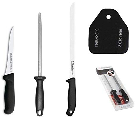 Hidalgo Juego de Cuchillos 3 Claveles,1 Cuchillo Jamón,1 Cuchillo deshuesar y 1 Chaira 3 Claveles + Regalo de Cubre jamón