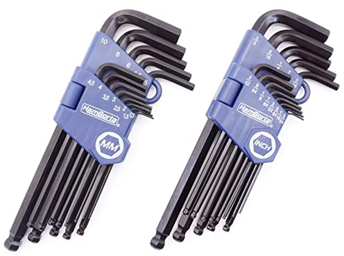 HemBorta® Llaves Allen Largas, Juego de Llaves Allen Hexagonales con Cabezal Esférico, 26 Piezas Llaves Allen Métricas 1.27-10mm y Llaves Hexagonales Imperial 3/64-3/8