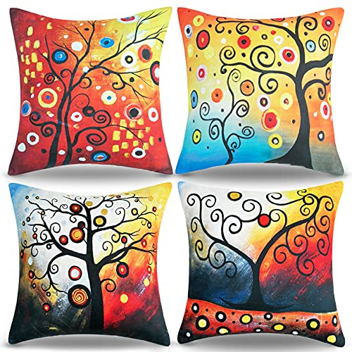 Estate Copricuscini Divano 40x40 Cm Rosso Albero della Vita Federe per Cuscino Colorato Fodere per Cuscini Decorativi in Lino Stile Country del Divano