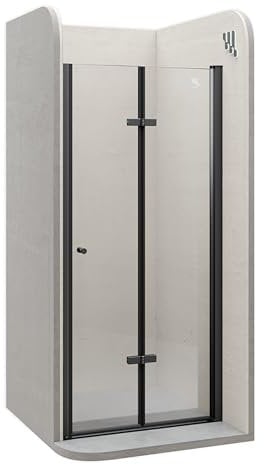 Moments of Glass Mampara de ducha puerta plegable rango de ajuste de 76-80 cm altura: 195 cm de cristal transparente templado de seguridad de 6 mm perfiles de aluminio negro - DK822