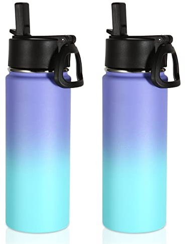 Volhoply 530ml Trinkflasche Edelstahl Zwei Packungen,Doppelwandig Vakuum Isolierte Thermosflasche mit Strohhalm,Metall BPA-Frei Thermoskanne für kinder, Schule, Outdoor(Lila-Blau Farbverlauf,2 Set)