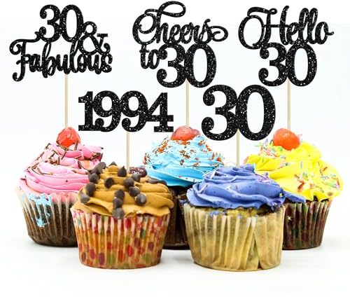 Gyufise 30Pcs 30th Birthday Cupcake Toppers Glitter Hello 30 Cupcake Topper Cheers to 30 1995 Thirty Cupcake Picks for Happy 30th Birthday Anniversary Party Cake Decorations Black
