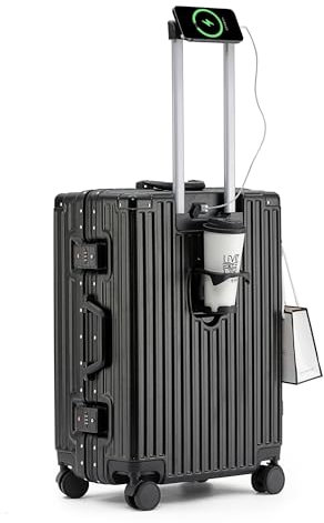 lesulety Hard Shell Suitcase Cabin Size Cheap Cabin Luggage Suitcase Medium 4 Wheels Lightweight with USB Charger Cup Holder zipperless Luggage,Black,26in