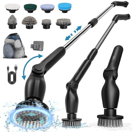 Cepillo Electrico Limpieza Hogar:Cepillo De Limpieza con 137cm Mango Ajustableelectrico,Cepillo Limpieza Electrico con 8 Cabezas Cepillo Reemplazables,3 Velocidades Ajuste para Cocina BañEra Coche