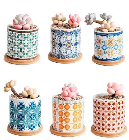 simpa 6PC Decorative Mixed Pattern Ceramic Plant Pots - Bohemian Design 7.3cm (H) x 7.3cm (Dia)