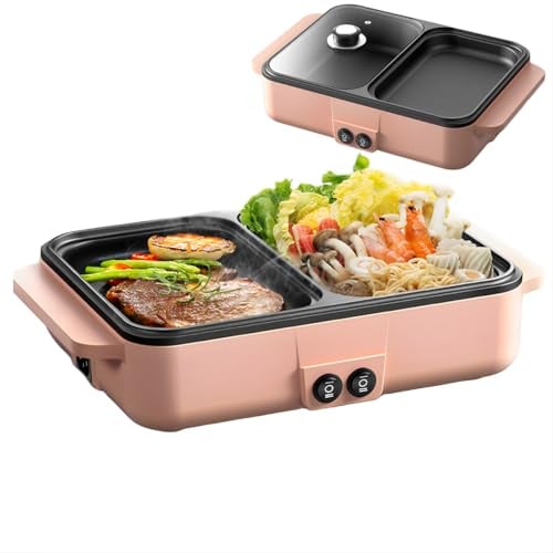 Topyond 1200W Fondue Electrique Et BBQ Grill,Hot Pot,Grill Intérieur Électrique,Barbecue de Table,Grill Coréen Électrique Double Usage, Hotpot pour 2 Personnes,220 V 180°,pour La Maison,Dortoir