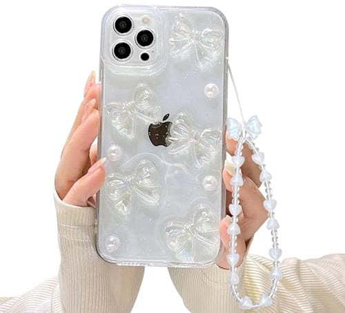 Ownest Compatible with iPhone 13 Pro Max Case with Clear Cute Bling 3D Bowknots Pearl Aesthetic Patterns for Women Teen Girls, Glitter Sparkle Back and Lens Protective Phone Case Cover + Chain