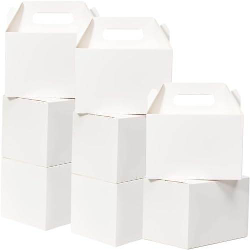 Shallive 28 Pack Large Treat Boxes White - 9 x 6 x 6 inches Gable Gift Boxes with Handle Cardboard Lunch Boxes Recycled Paper Take Out Boxes Welcome Boxes For Wedding Baby Shower Birthday