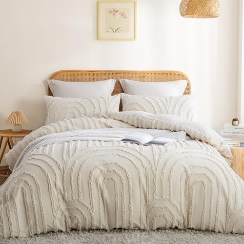 Lanqinglv Böhmen Bettwäsche 135x200 cm Beige Getuftet Geometrisch Muster Boho Bettwäsche Stickerei Shabby Chic Bettbezug mit Reißverschluss und 1 Kissenbezug 80x80cm