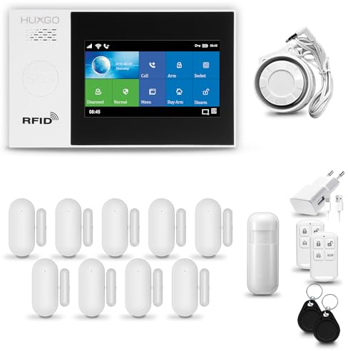 HUXGO® HXA007 Funk Alarmanlage Set WiFi + GSM mit Sirene | Alarm System mit Bewegungsmelder, 9X Tür- Fenstersensor, Fernbedienung | Wohnmobil Alarmanlage | Smart Home