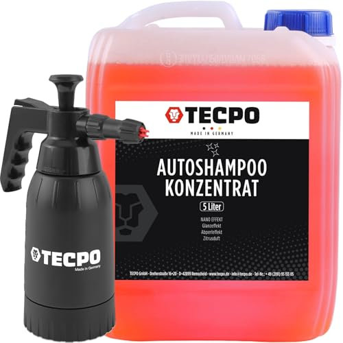 TECPO Autoshampoo Konzentrat, 5 Liter Glanz Effekt Abperleffekt mit Schaumsprüher, 1 Liter