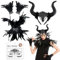 Huahuanghui Maleficent Kostüm Damen, Federkragen Schwarz Set, mit Feder Handschuhe Schwarz und Teufelshörner, Schwarzer Federumhang, Damen Feder Manschetten, zum Halloween Karneval Masquerade Cosplay