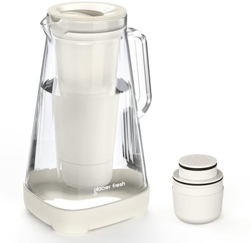 GLACIER FRESH Glass Water Filter Jug, 2.5L, with Silicone Base Protector and Multiple Filtration, Reduces Chlorine, PFOA/PFOS, Limescale, Improves Water Taste, BPA-Free, White