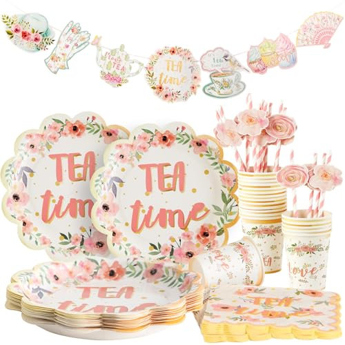 SUNBEAUTY Afternoon Tea Party, Paper Plates Set, Tea Tableware Set – Floral Pastel Coloured Paper Plates Cups and Napkins for Birthday Mother's Day Baby Shower - Talking About for 16 Guests