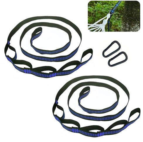 2 Stück Hängematte Befestigung, 2 m x 2,5 cm Hängematten Aufhängung Gurte mit 2 Schwerlast Karabiner, Seil für Hängematte mit 6 Schlaufen, Schaukel Befestigung für Camping Outdoor Wandern (Blau)