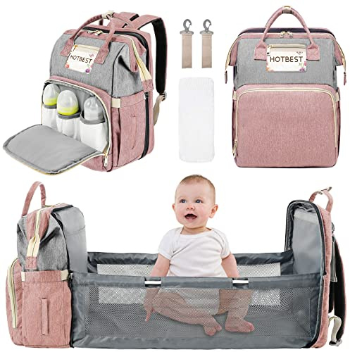 Eyoulife Wickelrucksack mit Bettfunktion Stabil Trocken Nasstrennung Wickeltasche Rucksack mit Isolierte tasche Windelunterlage Kinderwagenhaken, für Mama Papa (Rosagrau)