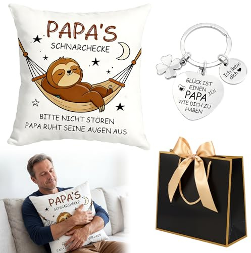 3 Stück Papa Geschenk Set，Bester Vater Geschenk für Vater mit Lustigem Kissenbezug 45x45 cm Schlüsselanhänger Geschenktüte – Lustiges Geschenk für Vater Stiefvater Schwiegervater von Tochter/Sohn