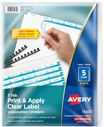 Avery 5-Tab Unpunched Binder Dividers, Easy Print & Apply Clear Label Strip, Index Maker, White Tabs, 5 Sets (11431)