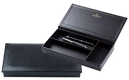 DELMON VARONE - Personalisierbarer Ablagekasten mit Deckel aus Premium Leder Boxcalf schwarz, Stiftablage für Kugelschreiber, Füller & Schreibutensilien, Elegantes Schreibgeräteetui mit 3 Fächer