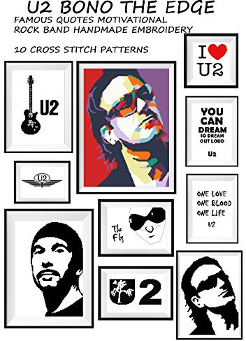 U2 music wall art handmade cross stitch pattern Bono The Edge guitar Famous quotes motivational Silhouette black modern embroidery Rock band Decoration for home poster hand make gift for him or her