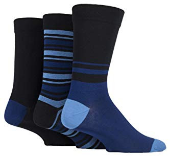 SockShop Men's Comfort Cuff Socks - Striped and Plain Soft Breathable & Cooling Bamboo Material Multipack of 3 Pairs Black/Blue 12-14