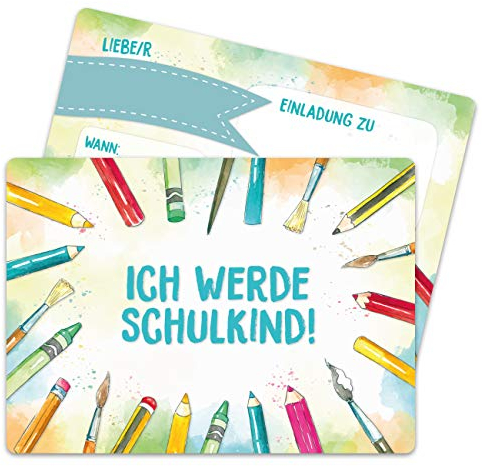 Papierdrachen 12 Einladungskarten zur Einschulung - Einladung mit Stifte-Motiv zum Schulbeginn - Schulstart Erstklässler Erste Klasse - Ich werde Schulkind - Endlich Schulkind