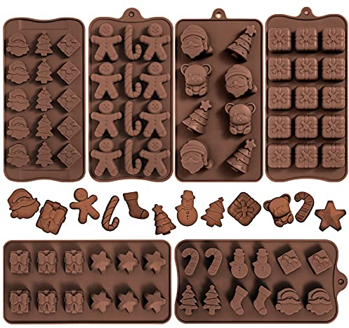 Whaline 6 x Weihnachts-Schokoladenform aus Silikon, für Süßigkeiten und Backen, Gelee, Süßigkeiten, Weihnachtsmann, Schneemann, Weihnachtsbaum, Geschenk, Lebkuchenstrümpfe, Bär, Stern, Zuckerstange