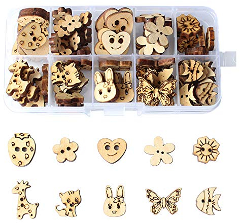Zasiene Holzknöpfe 100 Stück Boxed Holzknopf 10 Stile Gemischt Lochtyp Holzknöpfe Nähen Knöpfe Schmuckzubehör DIY Basteln Nähen Zubehör