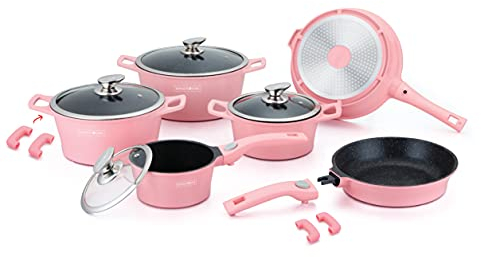 Royalty Line, Set di utensili da cucina in alluminio pressofuso, 14 pezzi, rivestimento in marmo, colore rosa