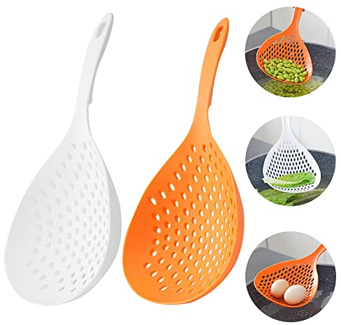 2 cucharas coladoras ranuradas para pasta, cuchara de plástico con asa, pala de drenaje de alimentos para cocina, color blanco y naranja, 13.8 x 5.4 pulgadas