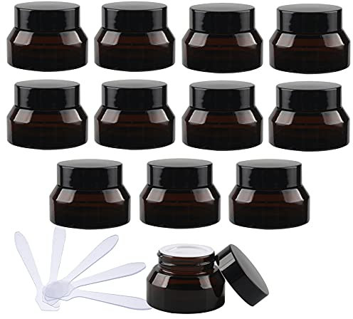 ZEOABSY 12 Piezas Tarros de Vidrio con Tapa de Rosca 15ml Marrón Ámbar, Tarro de Cristal Vacíos Redondo Contenedor De Cosméticos para Cremas, Ungüento, Viaje con 12 Espátula