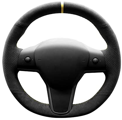 Alfanxi Alcantara Lenkradhülle für Tesla Model 3/Tesla Model Y (schwarzes Alcantara mit Punkten und gelben Streifen)