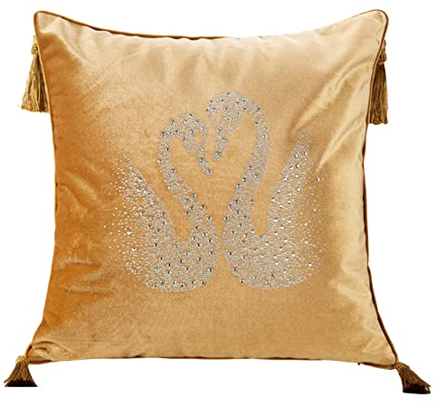 Gold Velvet Cushion for Bed Decoration, Square Tassel Throw Cushion with Zipper, Swans Diamond Pillow for Sofa Bedroom Chair Car Seat, 45 x 45cm