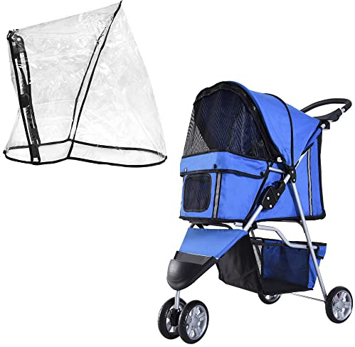 PawHut Dog Stroller with Cover for Small Miniature Dogs, Folding Cat Pram Dog Pushchair with Cup Holder, Storage Basket, Reflective Strips, Blue