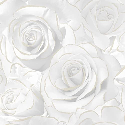 SOPHIE LAURENCE Floral Bloom Glitter Detail Roses Wallpaper (Full Roll, White)
