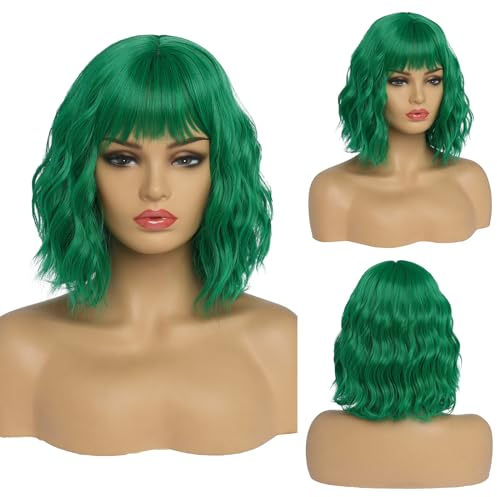 BESTUNG Kurze grün Perücke für Frauen, natürliches synthetisches Haar Ombre Bob Perücken mit ordentlichem Pony dunkler Wurzel für Alltag/Party/Cosplay (10 Zoll, grün)