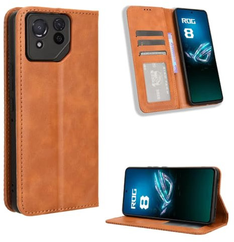 COMAKU Cover Asus ROG Phone 8 Pro, Custodia a Portafoglio Pelle con Supporto e Chiusura Magnetica - Marrone