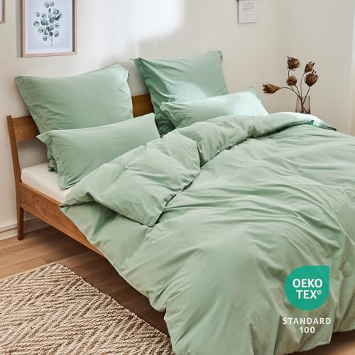 Blumtal Bettwäsche 155x220cm Sommer 2teilig mit Kissenbezug 40x80cm - Bettbezug leinenartige Baumwolle, ähnlich wie Bettwäsche Leinen - Oeko-TEX zert. Stone Washed Bettbezug Sommergrün