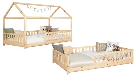 TiCAA 2 in 1 Bodenbett wandelbar mit abnehmbaren Dach 90x200 cm, 100x200 cm, 120x200 cm, 140x200 für Jungen & Mädchen, inkl. Rolllattenrost, Rausfallschutz variabel, weiß aus Kiefer Massivholz