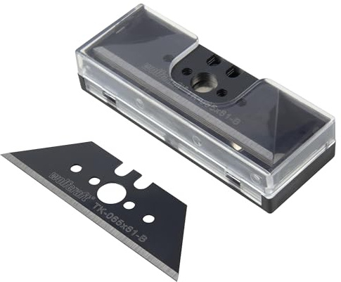 wolfcraft Cuchillas trapezoidales PRO SHARP, 0,65 x 61 mm - 5 cuchillas negras con afilado extra, para cúteres de cuchilla trapezoidal - 4206000