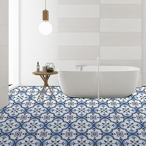 Alwayspon Vinyl-Bodenbelag, blau und weiß, selbstklebend, zum Aufkleben auf Bodenfliesen, für Badezimmer, Küche, Spritzschutz, abziehen und aufkleben, Vinyl-Bodenfliesen-Aufkleber, 24 Stück x 20 cm