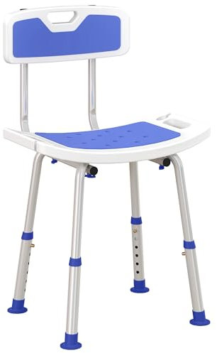 HOMCOM Duschstuhl für ältere Menschen und Behinderte, 6-stufig höhenverstellbarer Hocker mit Rückenlehne, gebogenem Sitz, Anti-Rutsch-Fußpolster und Duschkopfhalterung, Blau