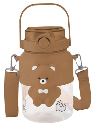 Botella de agua de oso 3D con paja y correa, botella de agua linda de 1000 ml/35 oz, botella de agua Kawaii con pegatinas para niños para niñas para niños Escuela de caminata para acampar, café, café