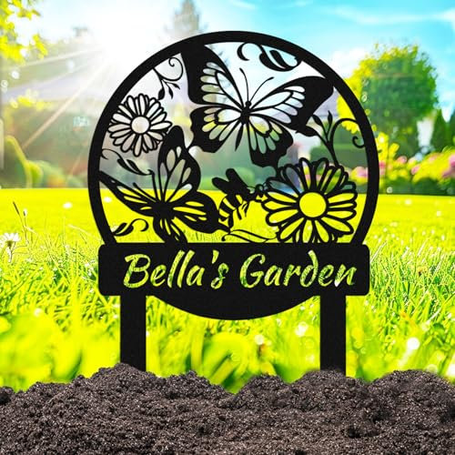 Custom Flowers Butterflies Garden Stake Sign, Personalized Butterfly Metal Garden Decor Sign with Stakes, Customized Butterfly Metal Yard Plaque for Outdoor Decor
