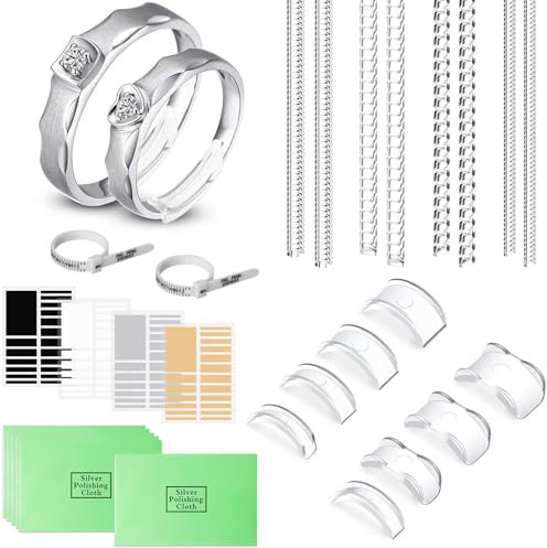 ZDNT 28 Stück Ringgrößenversteller Set,Unsichtbar Ringverkleinerer mit Abstandshalter und Eva-Aufklebern,Ringverkleinerer,Spiralförmiger Ring Verkleinerung mit Poliertuch und Ringmaß für Lose Ringe