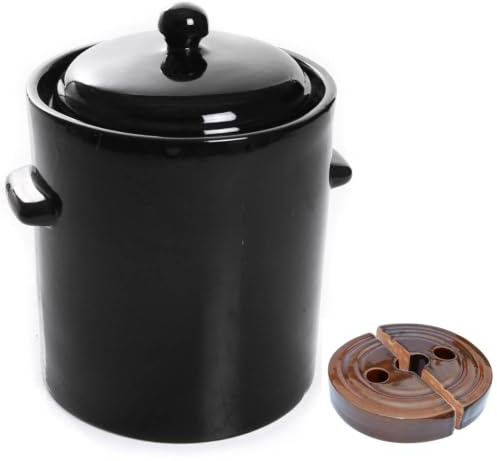 BirnePower Gärtopf Sauerkrauttopf Steinzeugtopf Keramikfass Tontopf mit Deckel Einlegetopf Steingut Hermetisch Gurkentopf Schwarz 5L mit Beschwerungsstein 17cm