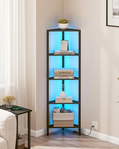 TUTOTAK Corner Shelf with LED Light, 5-Tier Corner Bookshelf for Small Space, Narrow Display Corner Shelf Stand with Storage Rack, for Living Room, bedroom, White BS05BK005LEU