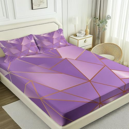 Weiche Atmungsaktiv Spannbettlaken, Modern Geometrisch Dreieckig Bedruckte Lila Gold rutschfest Tiefe Taschen Spannbettlaken, für Schlafzimmer Schlafsaal Studenten 180 x 200 cm