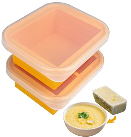 Bangp Silicone One Cup Food Container Tray and Two Cup Soup Freezer Tray with Lid, Large Ice Cube Moulds for Storing Broth Sauce Meal Prep Ice Cubes Yoghurt (Orange1+Orange2)